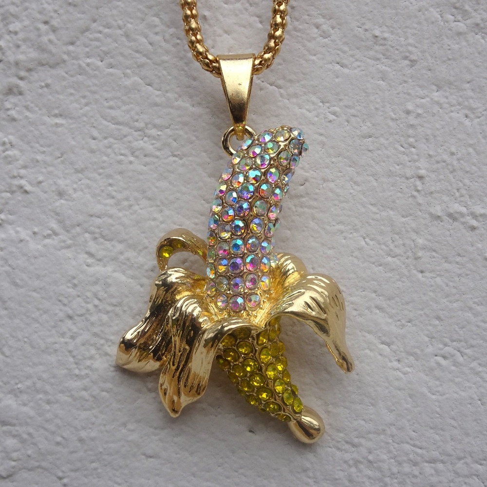 Iridescent Yellow Jewel Tropical Banana Long Summer Statement Necklace - Picture 8 of 8